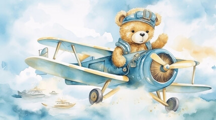 copy space, birthday card in watercolor style, pastel blue colors and golden glitters, sweet bear cub flying a vintage double-decker plane. Cute birth announcement card. Template voor birth cards, cut