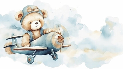 copy space, birthday card in watercolor style, pastel blue colors and golden glitters, sweet bear cub flying a vintage double-decker plane. Cute birth announcement card. Template voor birth cards, cut - obrazy, fototapety, plakaty
