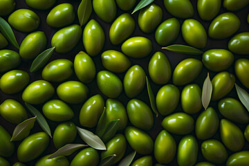 Verdant Bliss: Pristine Green Olives with Fresh Leaves on Dark Canvas
