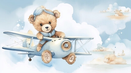 copy space, birthday card in watercolor style, pastel blue colors and golden glitters, sweet bear cub flying a vintage double-decker plane. Cute birth announcement card. Template voor birth cards, cut