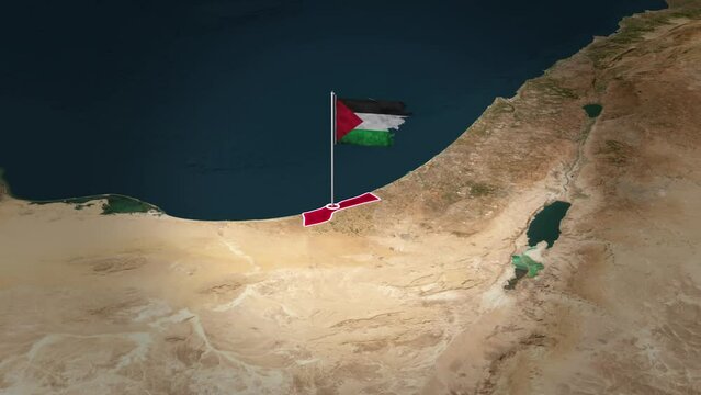 Gaza Soars: Aerial Views of the Flag Over the Map. The Flag Flying High Above Gaza.