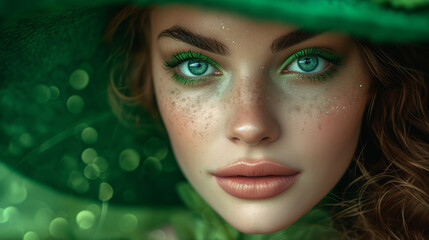 portrait of beautiful woman on green background, happy st.patricks day, ai