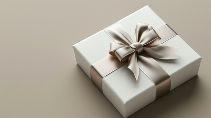 Classic white gift box with a 3D-rendered satin ribbon and a bow, embodying timeless elegance. [Classic satin ribbon white gift box elegance top view 3D gift wrap free space for te