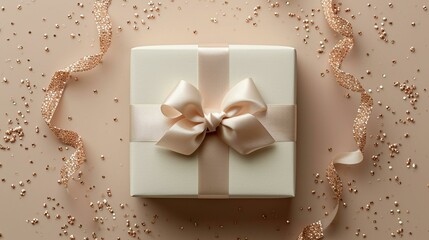 Aerial view of a white gift box with a 3D bow and a subtle glitter finish, bringing a touch of sparkle to the elegance. [Glitter finish white gift box elegance top view 3D gift wra