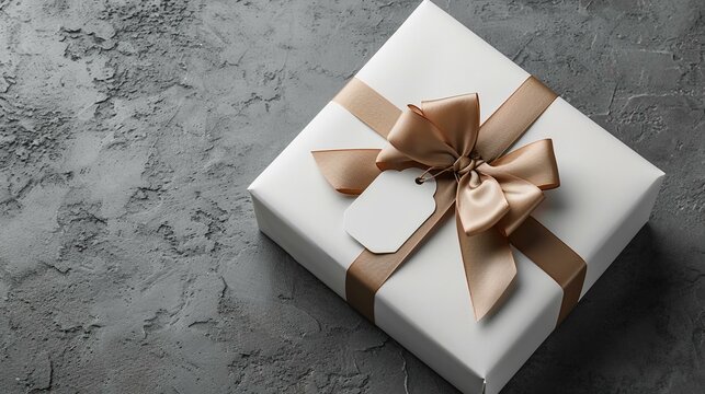 Stylish top view of a white gift box with a 3D bow and a personalized name tag, creating a thoughtful and customized touch. [Personalized name tag white gift box elegance top view 