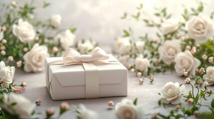 Obraz na płótnie Canvas Classic white gift box with a 3D bow and a trail of white rosebuds, creating a timeless and romantic atmosphere. [Classic white gift box with 3D bow and trail of rosebuds, elegant 