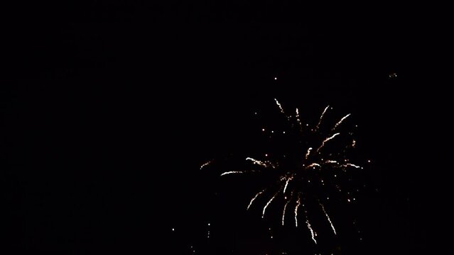 Fireworks exploding in various colors in the dark night sky during a celebration. 4K clip suitable as background.