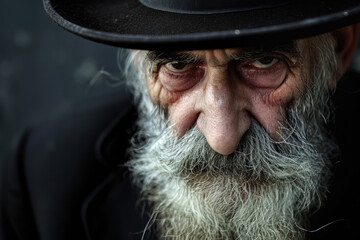 Angry elderly man in a hat looks at the camera from under his forehead, medium format portrait
