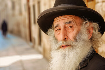 Portrait of a mature man with a long white beard on the street of the old city on a sunny day, senior man wearing a hat, copy space