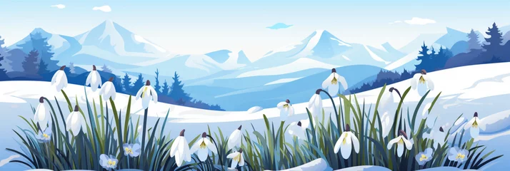 Papier Peint photo Lavable Montagnes spring banner,the first delicate snowdrops bloomed,breaking through the snow,against the background of a mountain landscape,flat illustration,the concept of spring materials,renewal and awakening