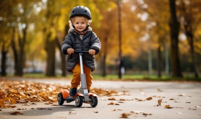 Young Boy Enjoying a Fun Scooter Ride in a Beautiful Park