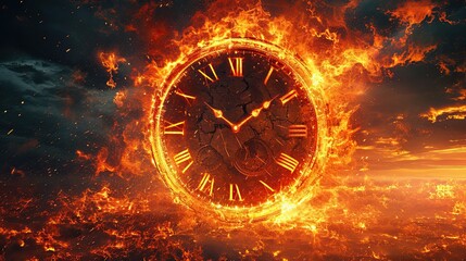 Classic style analog circular clock with hands, wrapped in fire and flames. - obrazy, fototapety, plakaty