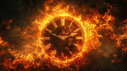 Classic style analog circular clock with hands, wrapped in fire and flames.