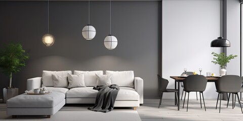 Modern apartment featuring a white comfortable couch in the living room, with a dining area in front of a gray wall.