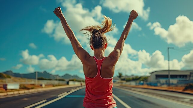 a victorious unrecognizable girl athlete raising their arms in celebration at the finish line of a race triumphal