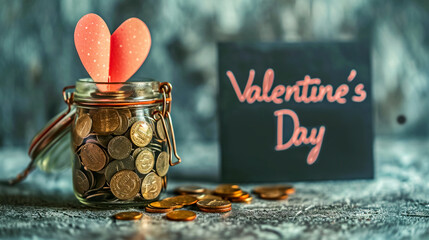 A jar of coins, a Valentine card and a festive background with an inscription are the perfect combination to save money on Valentine's Day gifts.