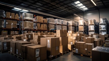 A large warehouse with numerous items. Rows of shelves with boxes.  Logistics. Inventory control, order fulfillment or space optimization. Illustration for advertising, marketing or presentation.