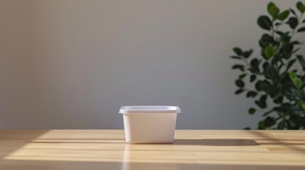 Fototapeta na wymiar White Container on Wooden Table - Minimalistic