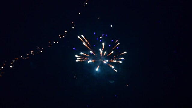 Fireworks exploding in various colors in the dark night sky during a celebration. HD clip suitable as background.