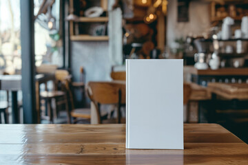 Blank book cover template standing on wooden surface against blurred background. Front view of magazine mockup - obrazy, fototapety, plakaty