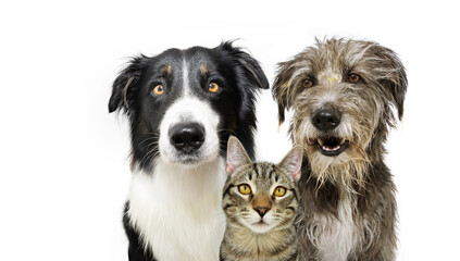 Banner pets. Dog and cat smiling and looking at camera. Isolated on white background