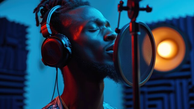 Artist Recording Soulful Melodies in Blue-Tinted Music Studio