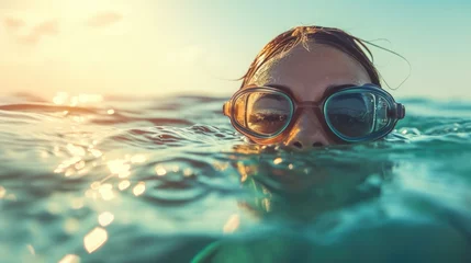 Foto op Aluminium Sun-Kissed Female Swimmer with Goggles Peering Above Water at Sunset © romanets_v