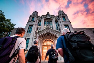 Students with backpacks walking towards the historic gothic architecture of a university entrance at sunset. - obrazy, fototapety, plakaty
