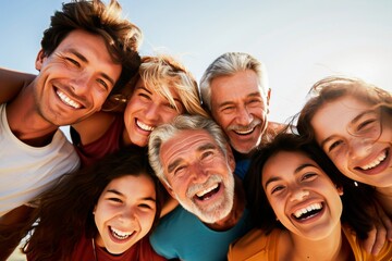 A joyful multigenerational family with beaming smiles enjoys a sunny day together outdoors, sharing love and happiness.