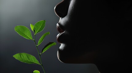 Womans Profile With Green Plant in Mouth