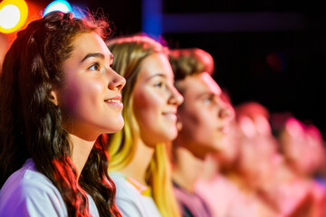 Group of young people enjoying a live concert, smiling and watching the stage with colorful lights in the background.