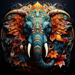 Regal Elephant with Baroque Carvings Surrounded by Flowers - Luxurious Home Decor Art Concept - AI Generated
