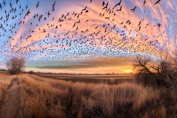 Panoramic view of a large flock of migrating birds flying at sunset over a serene rural landscape.