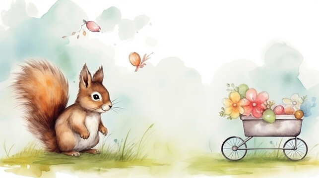 Fototapeta copy space, birthday card in watercolor style, pastel colors, sweet pram in some grass with a bird and squirrel sitting on it. Cute birth announcement card. Template voor birth cards, cute baby announ