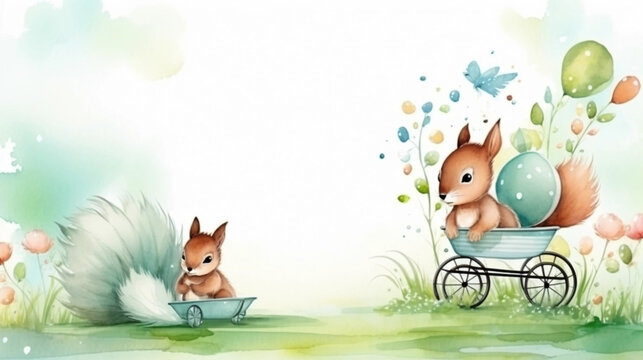 copy space, birthday card in watercolor style, pastel colors, sweet pram in some grass with a bird and squirrel sitting on it. Cute birth announcement card. Template voor birth cards, cute baby announ