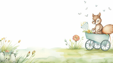 copy space, birthday card in watercolor style, pastel colors, sweet pram in some grass with a bird and squirrel sitting on it. Cute birth announcement card. Template voor birth cards, cute baby announ