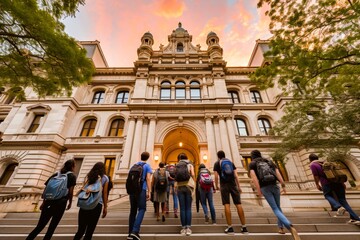 Obraz premium A group of students with backpacks walking up the steps towards the grand entrance of a historic university building at sunset.