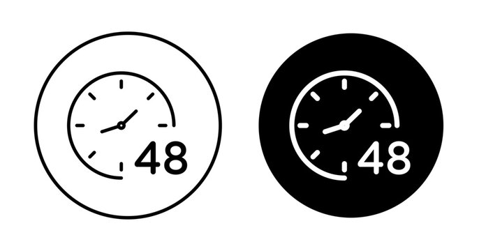 48 Hr icon set. 48 Hour Left Clock vector symbol in a black filled and outlined style. Time Left Turnaround Hr Day Sign.