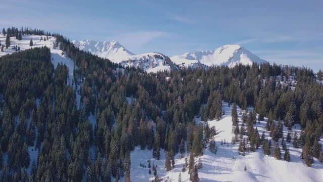 Drone footaget ofsnowy mountains and forest with cabins below. Achenkirch, Tirol, Austria