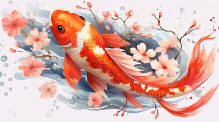 Koi Fish illustration watercolor isolated on black background transparent , Generate AI