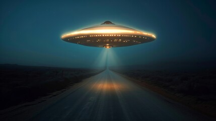 Fototapeta na wymiar Massive Alien Hovering Above Night Road