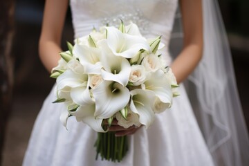 Elegance in Bloom: Detailed Shot of a Bride's Bouquet Featuring White Calla Lilies and Roses.
