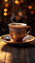 Fototapeta premium Stunning art deco coffee cup design wooden plank AI Generated pictures