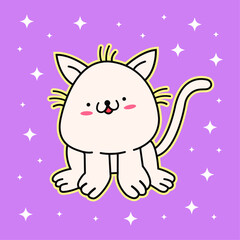 Cute smiling white cat on a purple background with stars. Vector illustration.