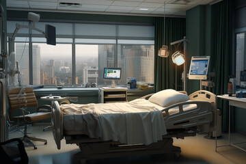 Hospital room with a patient bed. Medical world, event related to care, medical news, hospitalization of a patient, nursing home.