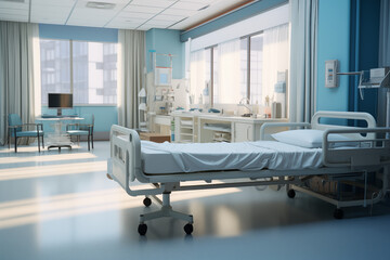 Hospital room with a patient bed. Medical world, event related to care, medical news, hospitalization of a patient, nursing home.
