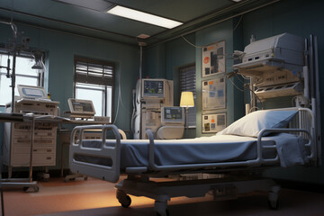Hospital room with a patient bed. Medical world, event related to care, medical news, hospitalization of a patient, nursing home.