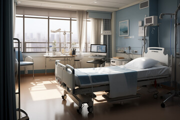 Hospital room with a patient bed. Medical world, event related to care, medical news, hospitalization of a patient, nursing home.