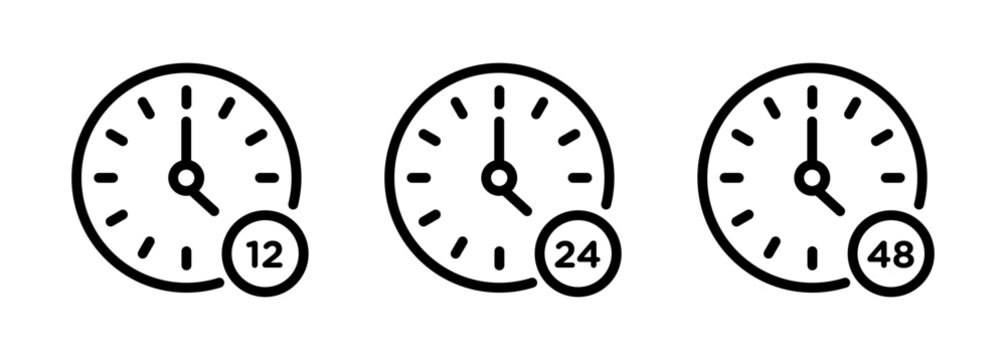 48 Hr Line Icon Set. 48 Hour Left Clock Symbol in Black and Blue Color.
