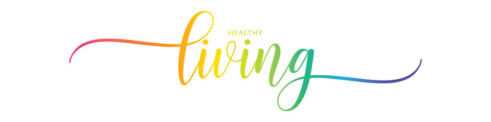 Fototapeta na wymiar HEALTHY LIVING – Calligraphy Rainbow Text Effect Banner on Transparent Background